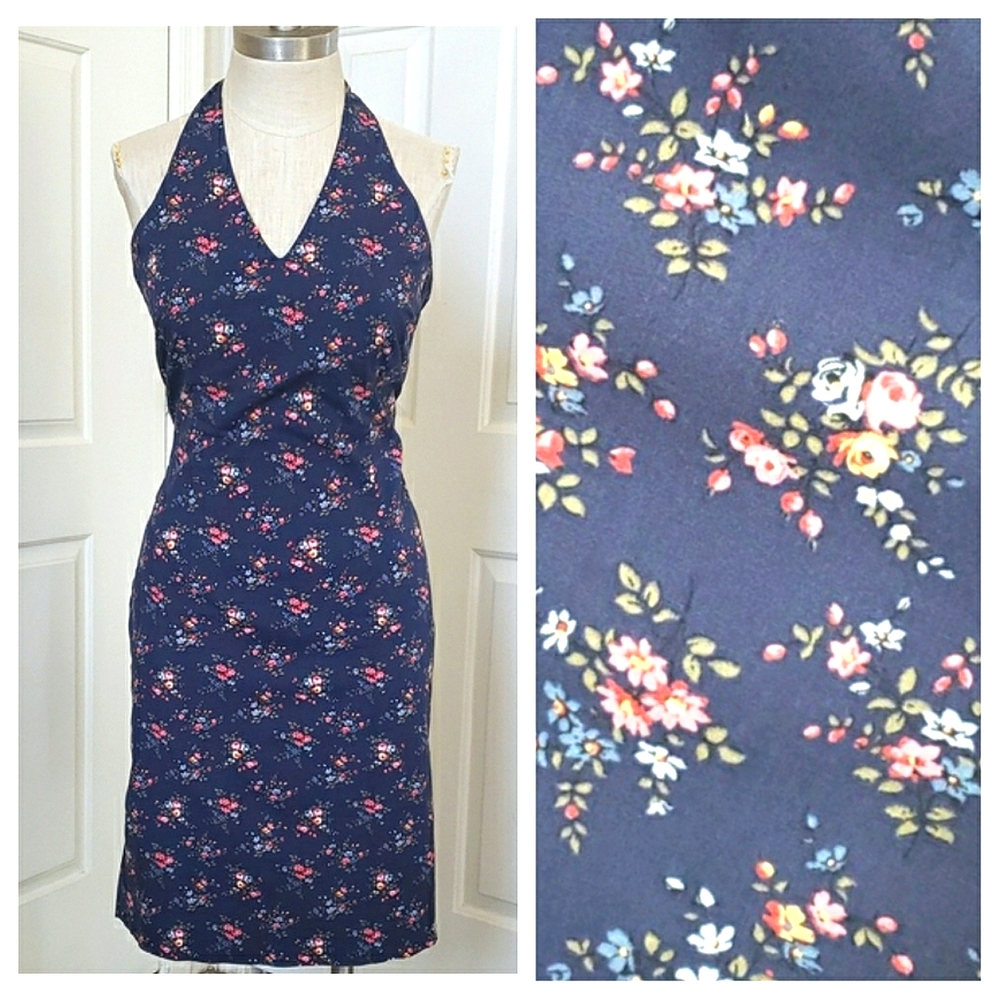 RARE 90s Vintage RALPH LAUREN TARTAN PLAID LABEL Navy Floral Halter Dress SIZE 8 - Picture 3 of 16